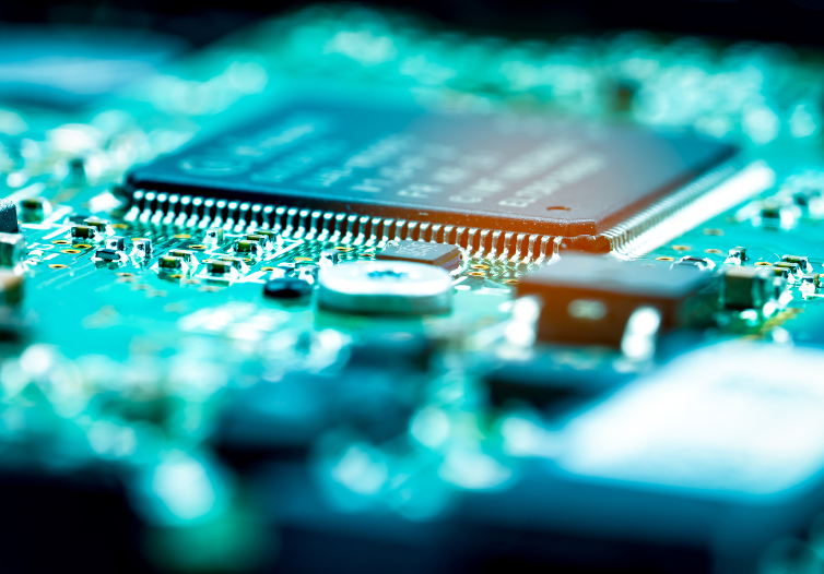 Electronic circuit board. Mainboard of computer. Computer integrated circuit board. Detail of electronic circuit board. Memory of digital information hardware. Electronic engineering technology.