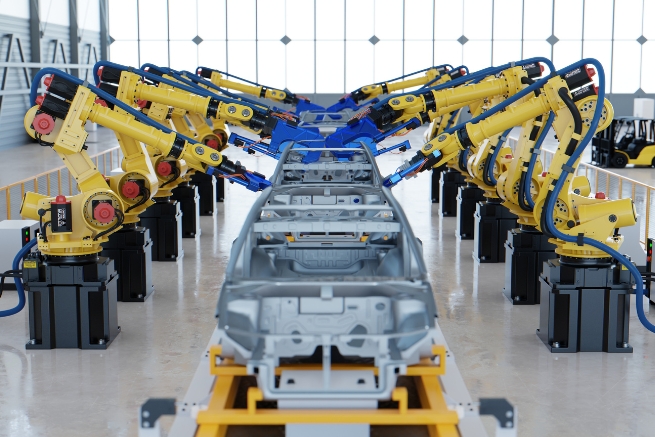 Robotic automotive assembly in factory. 3D Rendering.