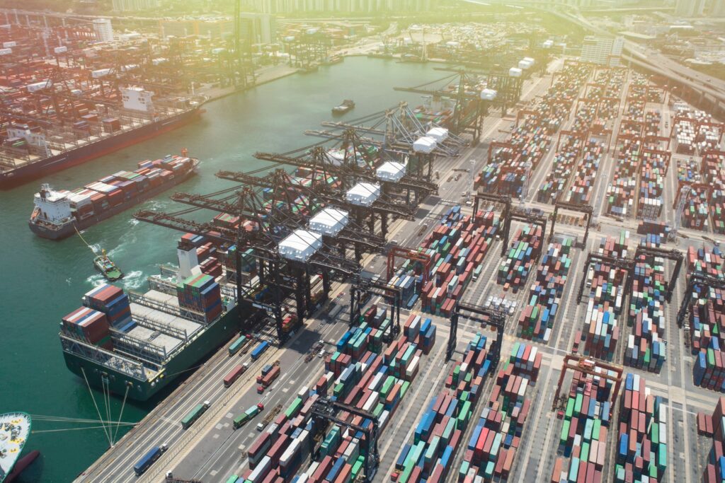 Containers park of Hong Kong. Global trade networks. Top View.